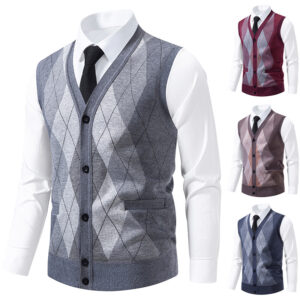 Men's V-Neck Argyle Chenille Knit Vest Fleece Lined Warm Button Waistcoat With Pockets Autumn Winter Business