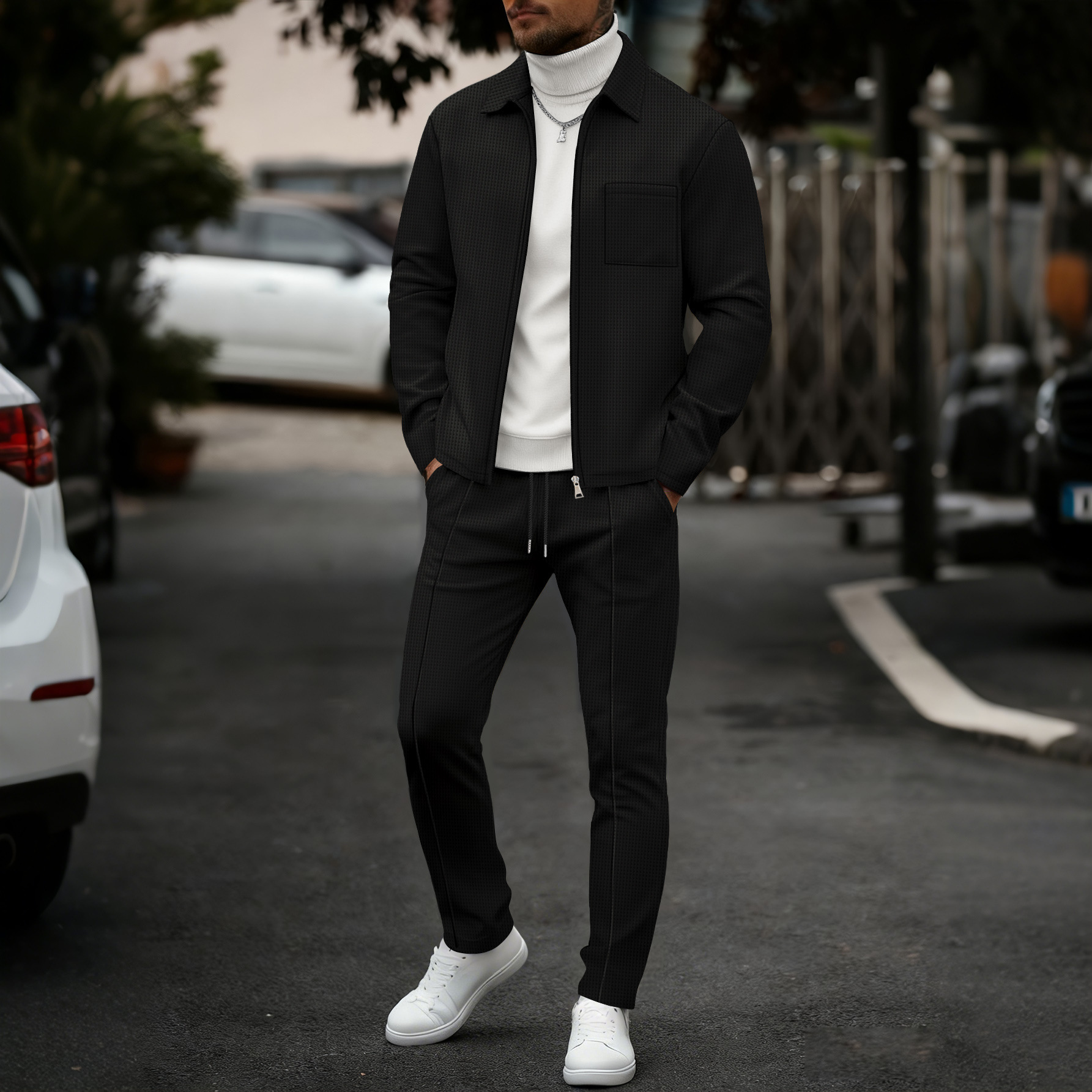 Lapel Cardigan Mens Jacket And Trousers Set - Image 3