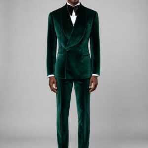 Men Dark Green Velvet Double-Breasted Tuxedo 2-Piece Suit