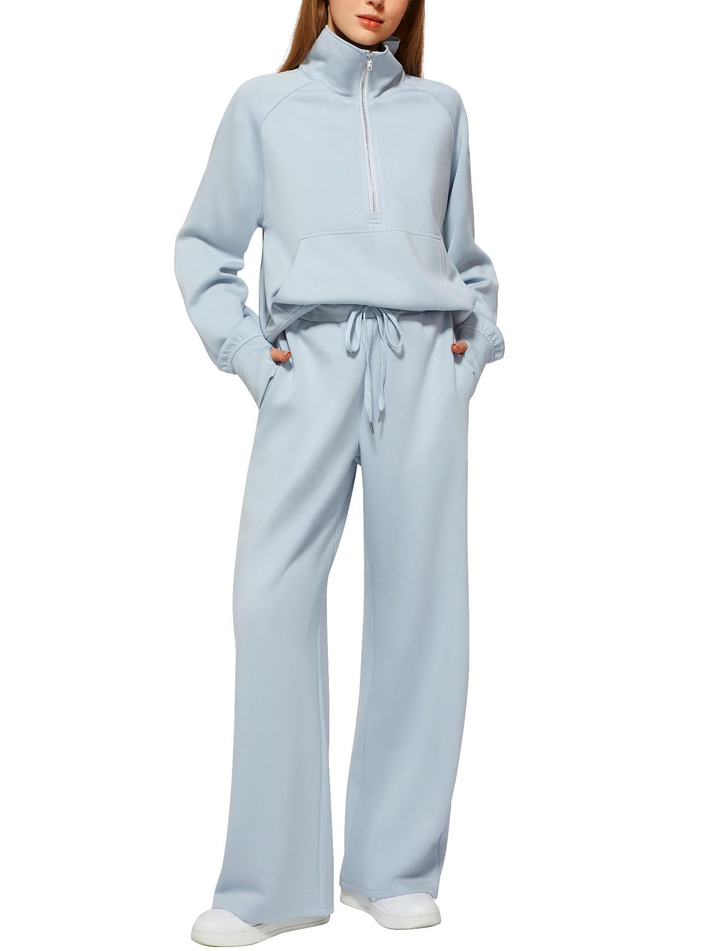 Woman Solid Color Half Zip Long Sleeve Sweatshirt And Wide Leg Pants Set Casual Sporty Two Piece Outfit Women's Suit - Image 7