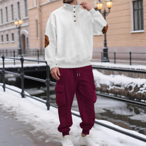 Casual Knitted Small-check Pants And Button-front Sweatshirt Set