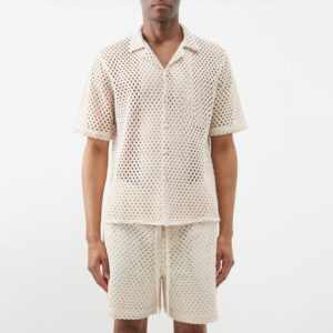 Solid-color Hollow-out Mens Suit Short-sleeve Shirt And Loose-fitting Shorts