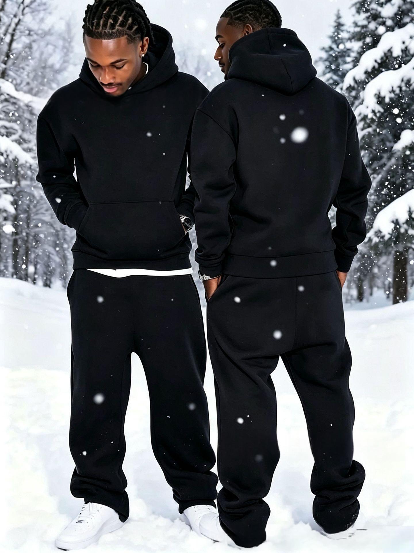 Solid-color Fleece-lined Hoodie And Wide-leg Straight-leg Pants Set - Image 9