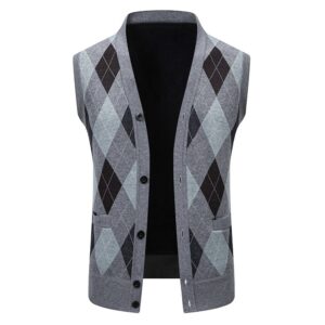 Men V-Neck Argyle Knit Vest Fleece Lined Thick Warm Button Sleeveless Sweater Waistcoat, Layerable Winter Business Casual Outerwear With Pockets