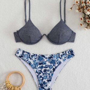 New Solid Color Sexy Circular Cutout Split Set Swimsuit Straps Over-the-Shoulder Halter Two-Piece Bikini Set