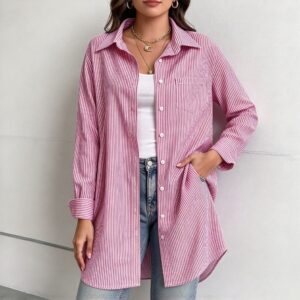 Women Striped Long Sleeve Button Down Woven Shirt