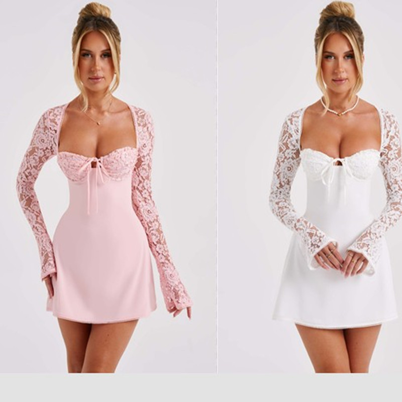 Y2K Lace Long Sleeve Dress Fashion Sexy Corset Backless Lace Up Short Dresses Womens Clothing - Image 6
