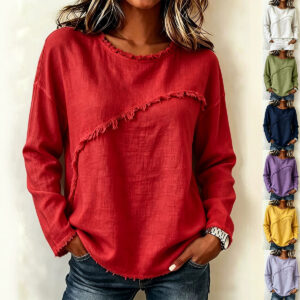 Women's Round Neck Patchwork Lace Long Sleeve T-Shirt Casual Loose Fit Cotton Blend Top For Daily Wear Clothing
