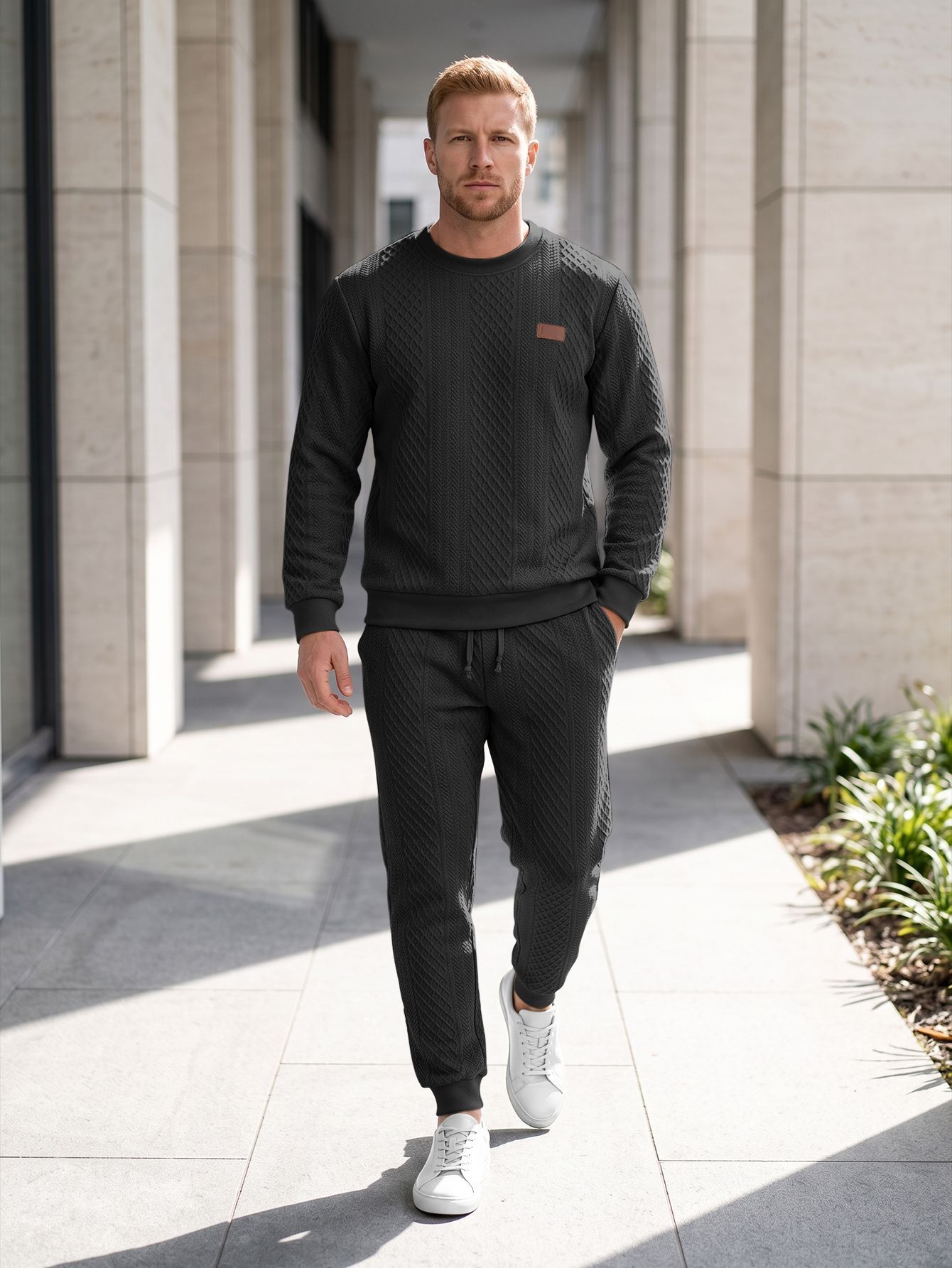 Mens Textured Jacquard Crew-Neck Sweater Set - Image 7