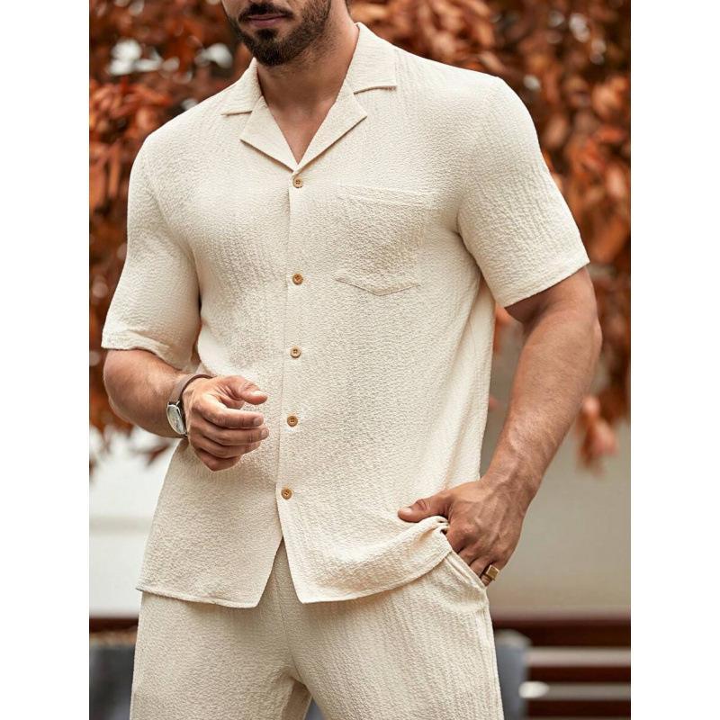 Male Solid Color Button Striped Shirt Sleeve - Image 4