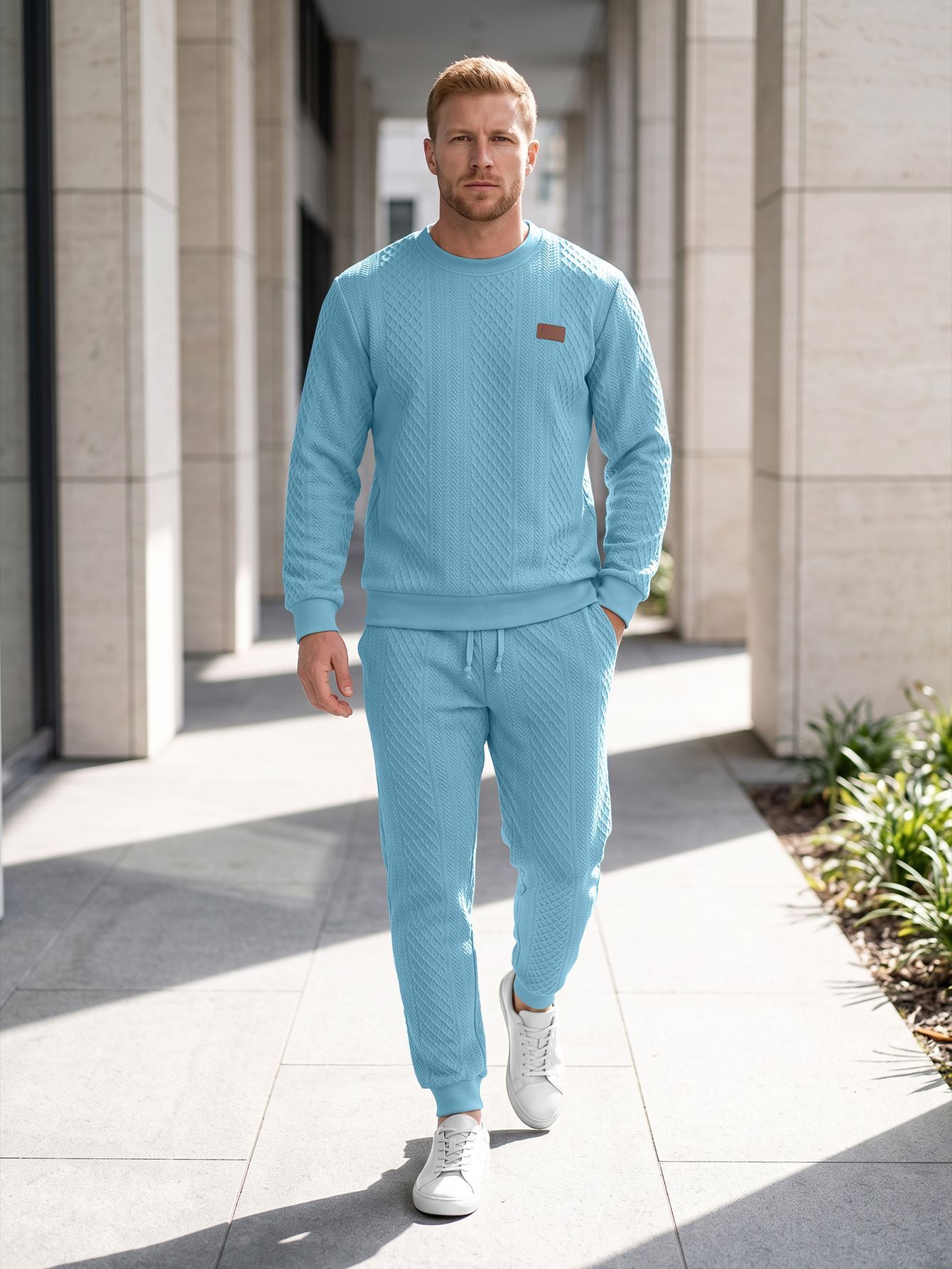 Mens Textured Jacquard Crew-Neck Sweater Set - Image 5