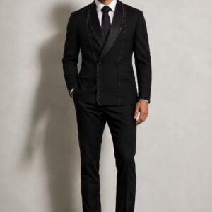 Black Beaded Trim Double-Breasted Tuxedo Suit Set