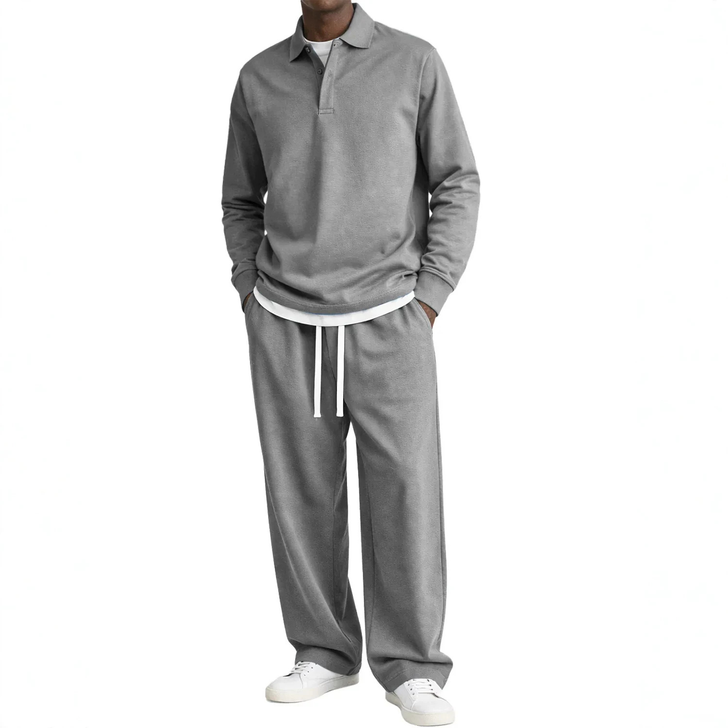 Fallwinter Long-sleeve Button-up Collar Shirt And Pants Set - Image 3