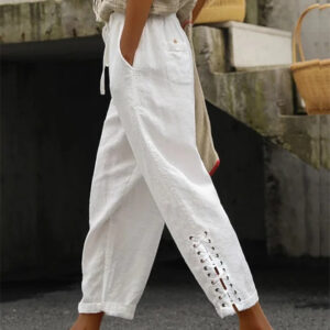 Cotton Linen Solid Color Pocket Sweet Stitching Casual Pants