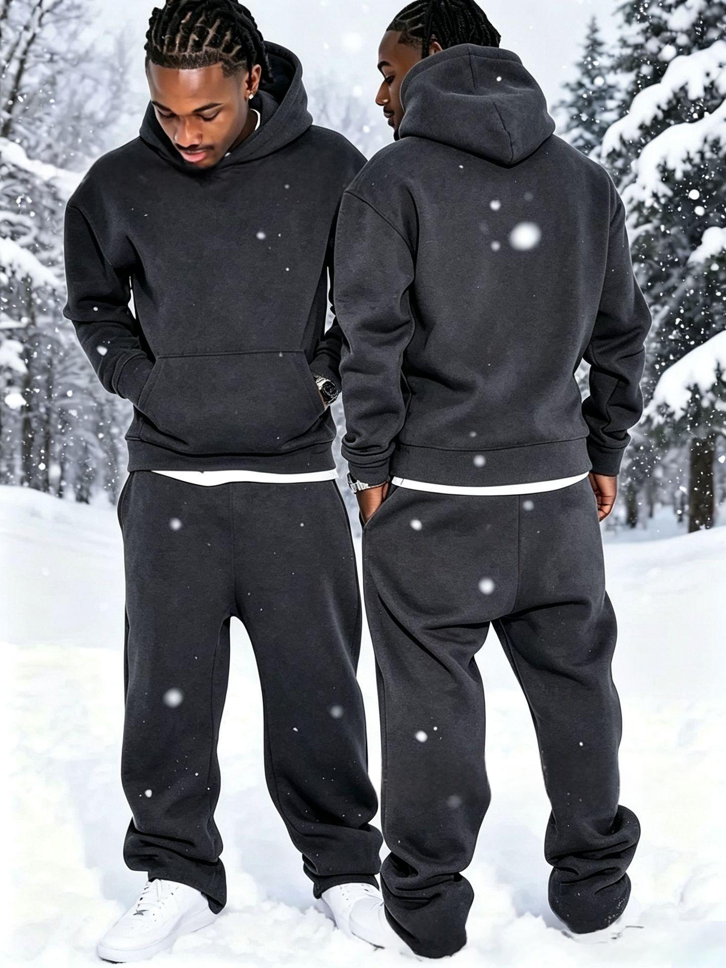 Solid-color Fleece-lined Hoodie And Wide-leg Straight-leg Pants Set - Image 8