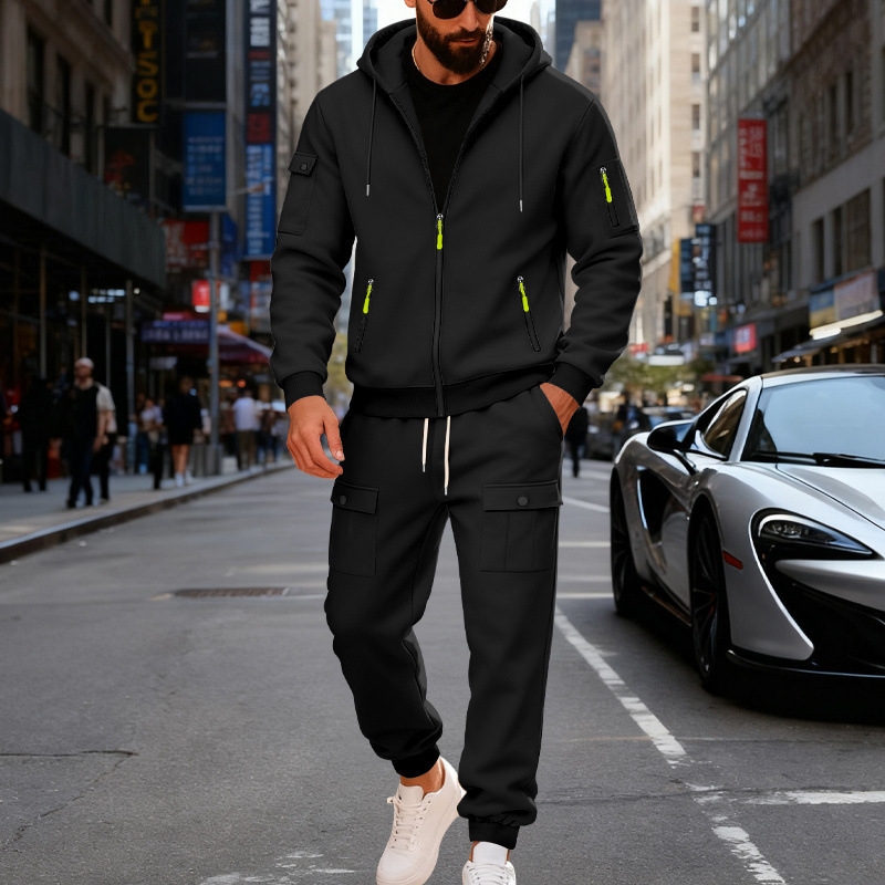 Mens Fleece-lined Loose-fit Casual Hoodie And Pants Set - Image 2