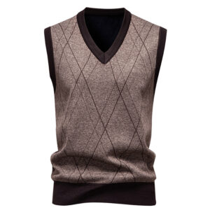 Men's Dark Grey Argyle Diamond Fleece Lined Sweater Vest V-Neck Sleeveless Knit Waistcoat, Business Casual Warm Layering Vest For Fall Winter