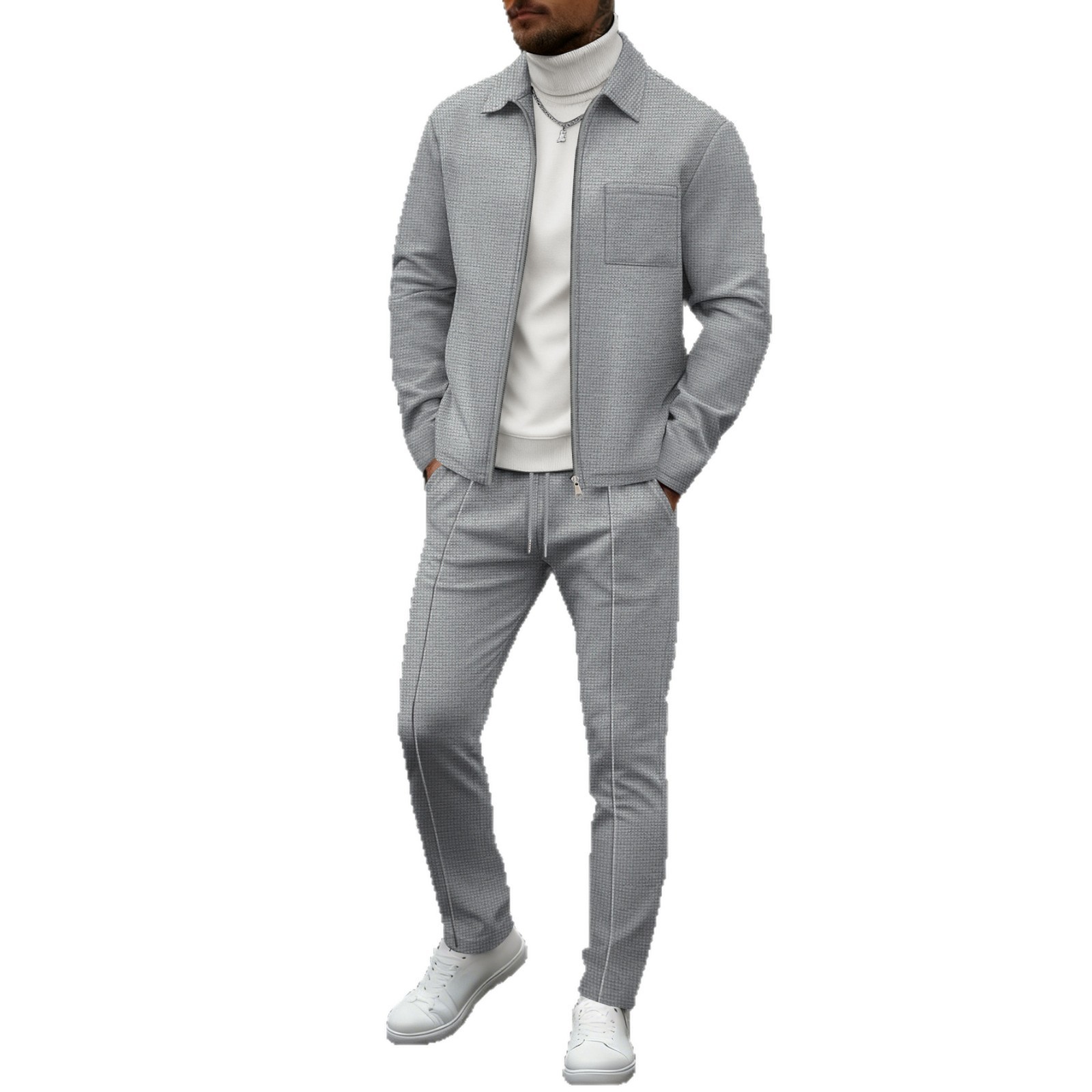 Lapel Cardigan Mens Jacket And Trousers Set - Image 5