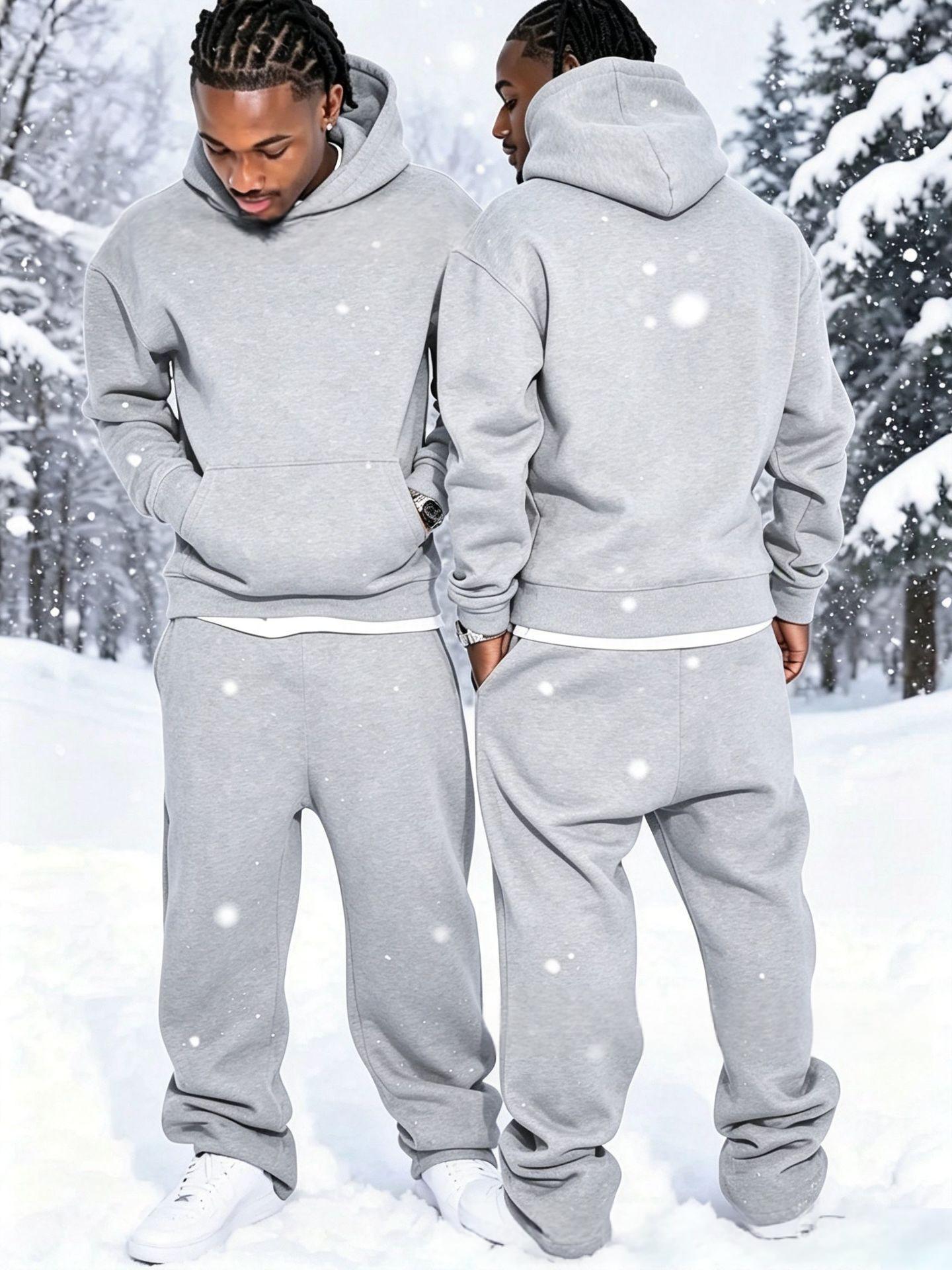 Solid-color Fleece-lined Hoodie And Wide-leg Straight-leg Pants Set - Image 7