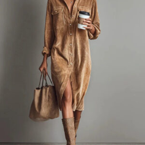 Turn-Down Collar Buttons Chic Casual Dress, Women Spring Autumn Solid Simple Party Dress, Long Sleeve Holiday Ladies Dress