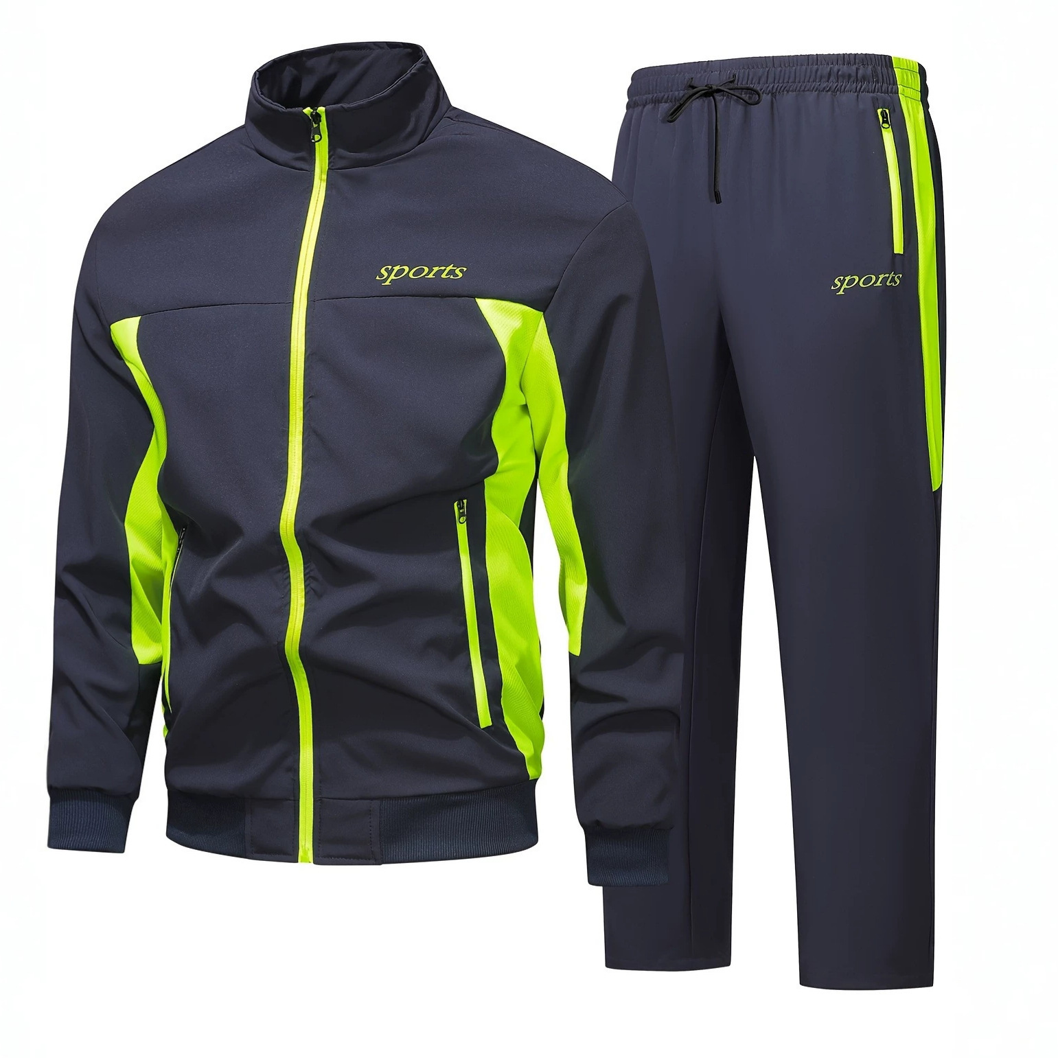 Men's Autumn Casual Sportswear Set With A Stand-up Collar And Color-block Design - Image 2