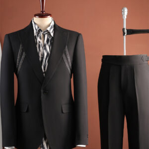 Men Black Peak Lapel Chain Detail 2 Piece Suit Set Gurkha Trousers