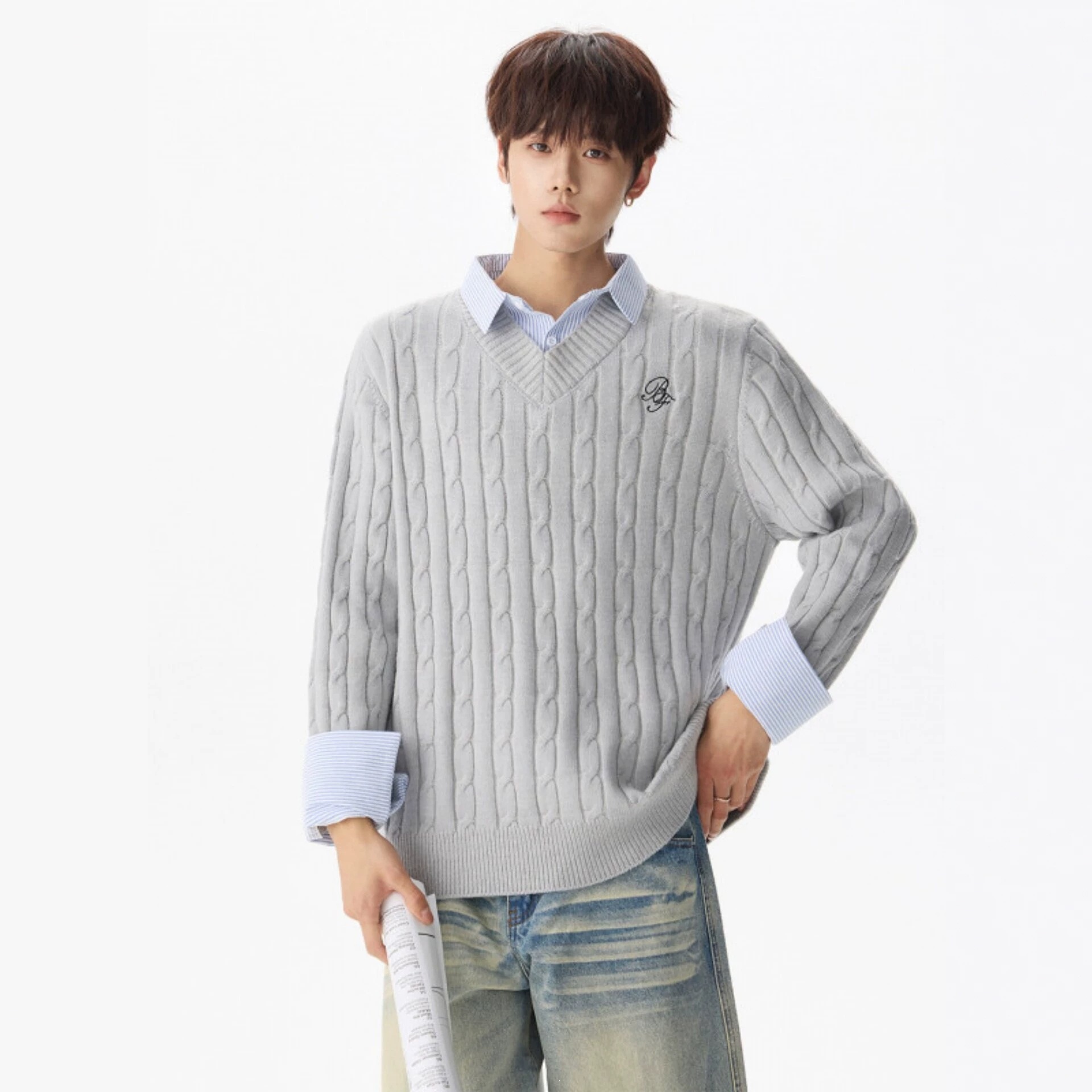 Men's Faux Two-piece Knitted Striped Patchwork Sweater - Image 3