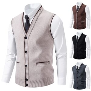 Men V Neck Solid Knit Vest Fleece Lined Thick Warm Button Sleeveless Sweater Waistcoat Gilet With Pockets Winter Business Casual Outerwear