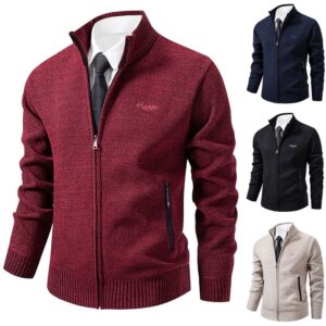 Men's Full Zip Stand Collar Knit Jacket Fleece Lined Warm Sweater Coat With Zipper Pockets Autumn Winter Business Casual Outerwear