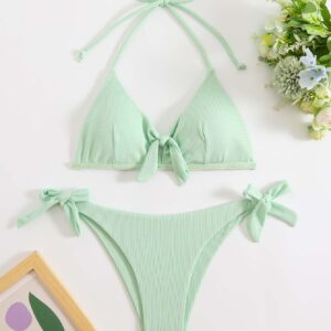 New Solid Color Sexy Circular Cutout Split Set Swimsuit Straps Over-the-Shoulder Halter Two-Piece Bikini Set