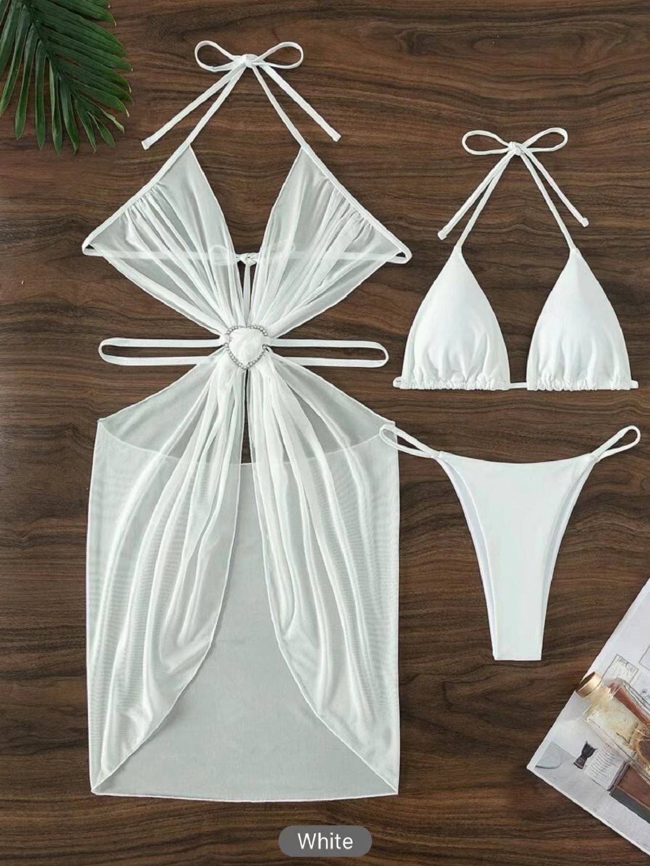 3pcs Halter Neck Bikini Beach Summer Solid Color Split Swimsuit Womens Clothing - Image 2