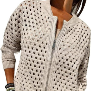 Women Knitted Hollow-Out Crew Neck Zipper Jacket - Casual Lightweight Cardigan Sweater Top