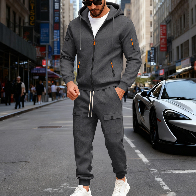 Mens Fleece-lined Loose-fit Casual Hoodie And Pants Set - Image 8