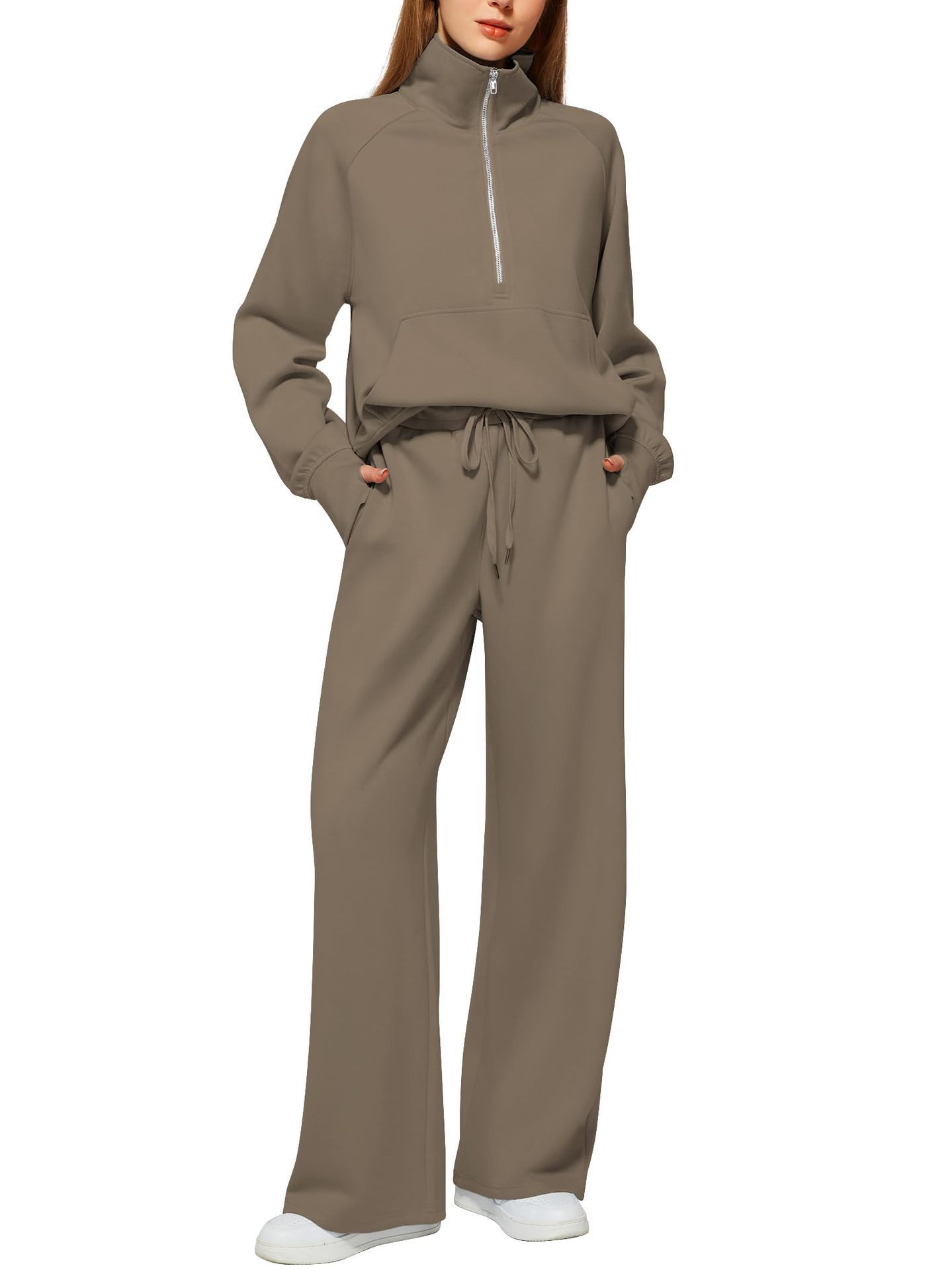 Woman Solid Color Half Zip Long Sleeve Sweatshirt And Wide Leg Pants Set Casual Sporty Two Piece Outfit Women's Suit - Image 2