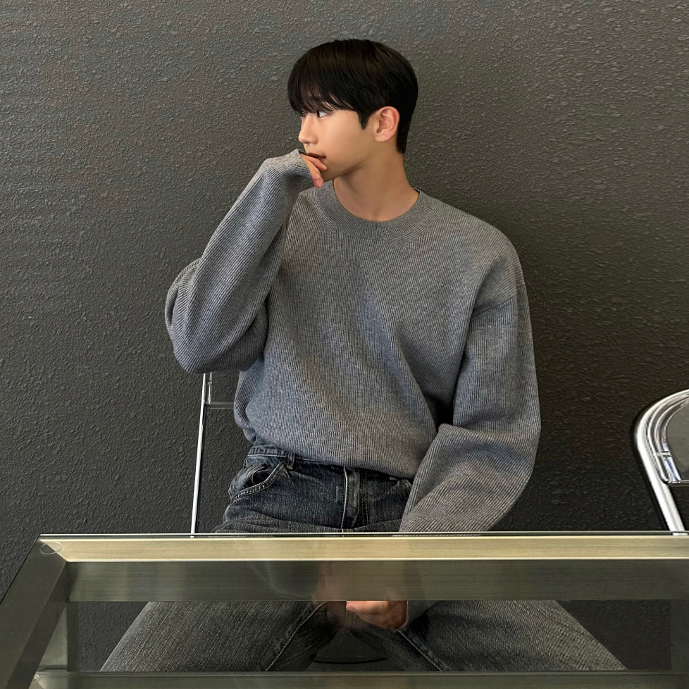 Crew-neck Pullover Sweater Korean-style Workwear Outfit