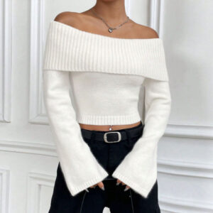 Fashionable Slim-fit Off-shoulder Crew-neck Sweater For Women