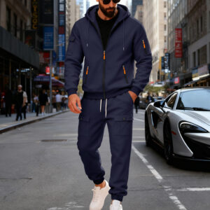 Mens Fleece-lined Loose-fit Casual Hoodie And Pants Set