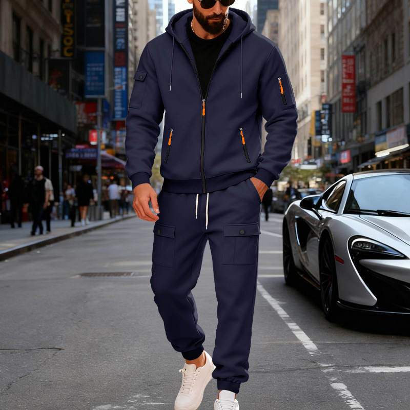 Mens Fleece-lined Loose-fit Casual Hoodie And Pants Set